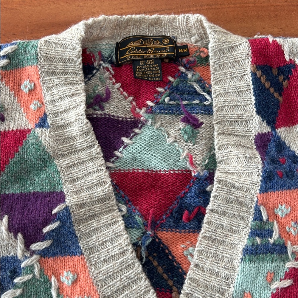 Eddie Bauer Vintage Wool Patchwork Cardigan in medium geometric shapes - Picture 3 of 8